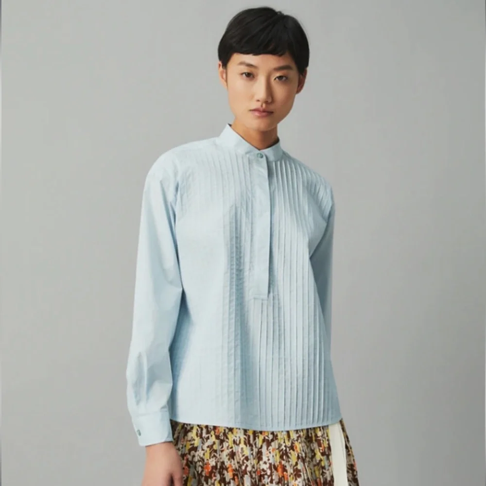 🆕 TORY BURCH Spring Blue Poplin Pleated Shirt | Women’s Size 0 | NWT